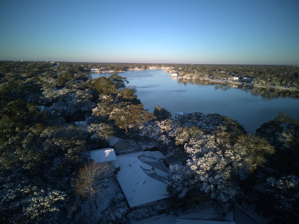 An aerial photo of the record-breaking snowfall in January 2025 in Pensacola