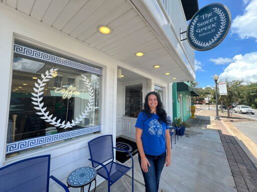The Sweet Greek owner Melissa Simpson in Milton, Florida in front of the original location.